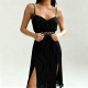 Black Striped Lace-Up Midi Dress