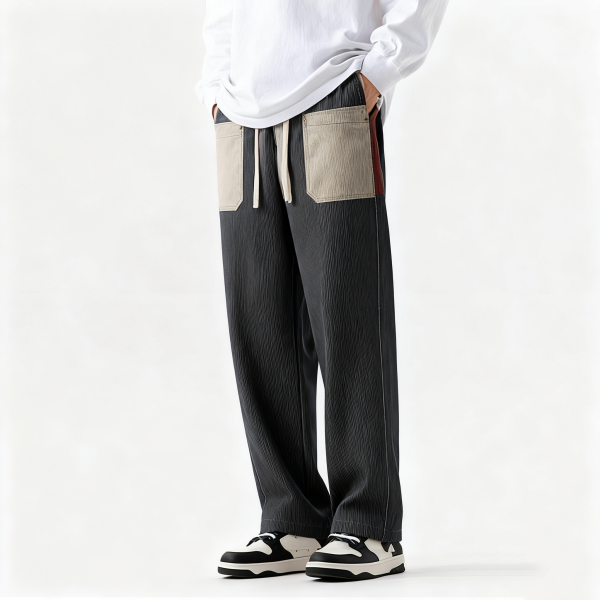 Dark Gray Textured Contrast-Pocket Wide-Leg Pants